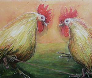 Zwei Hähne und ein Wurm